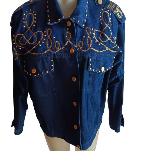 Vintage Women's Denim jacket 4P gold rope epaulets navy studs 90's Carole Little - Picture 2 of 8